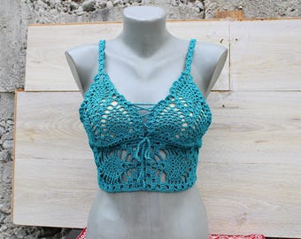 Bohemian Crochet Halter Top, Festival Blue Crop Bustier, S