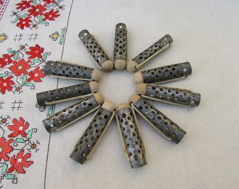 Vintage Metal Hair Curlers with Wooden Balls - Set of 11