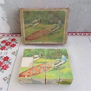 Vintage madera rompecabezas cubos juguete infantil, rompecabezas de bloques de madera en caja original, conjunto de 9 cubos, rompecabezas de 6 imágenes, juego de madera vintage