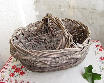 Vintage Wicker Basket, Handmade Primitive Art, Rustic Storage