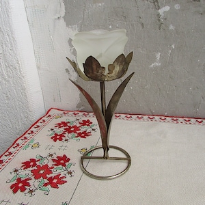 Vintage Metal & Glass Candlestick, Unique Metal Candlestick Holder, Mid Century Candle Holder, Glass Rose Candle Holder, Holiday Candlestick