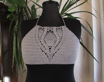 Crochet Halter Top, Bohemian Cotton Bikini Top, Festival Beachwear