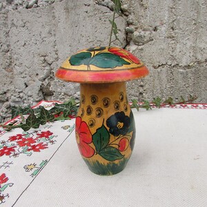 Vintage Hand-Painted Wooden Mushroom Box, Russian Folk Art Toy image 3