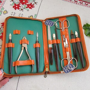 Vintage Portable Manicure Kit 1970's, Manicure Set 10 Parts in Leather Box, German Manicure & Pedicure Set With Leather Case