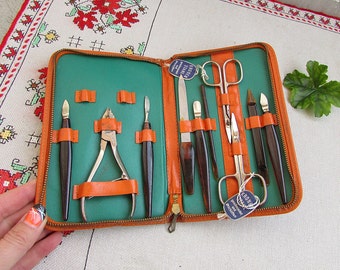 Vintage 1970s Manicure Set: 10-Piece German Leather Case