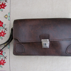 Vintage 80’s Men&#39;s Brown Leather Bag, Brown Leatherette Wrist Handbag, Passport iPhone Wristlet Purse, Travel Handbag, Gift for Him
