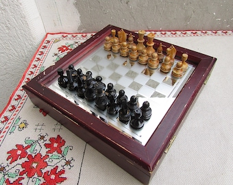 Vintage 1970s Wood and Glass Chess Set with Folding Box