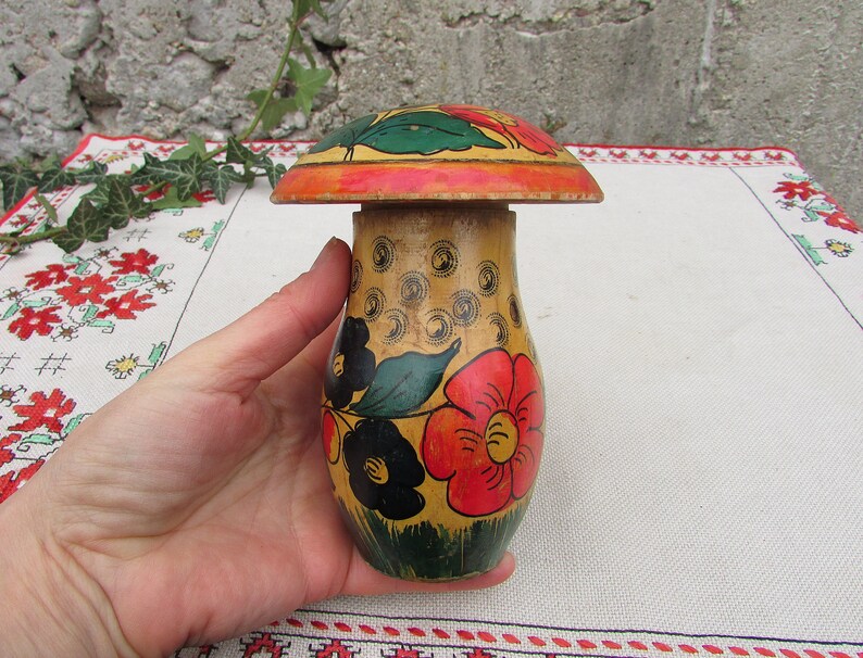 Vintage Hand-Painted Wooden Mushroom Box, Russian Folk Art Toy image 9