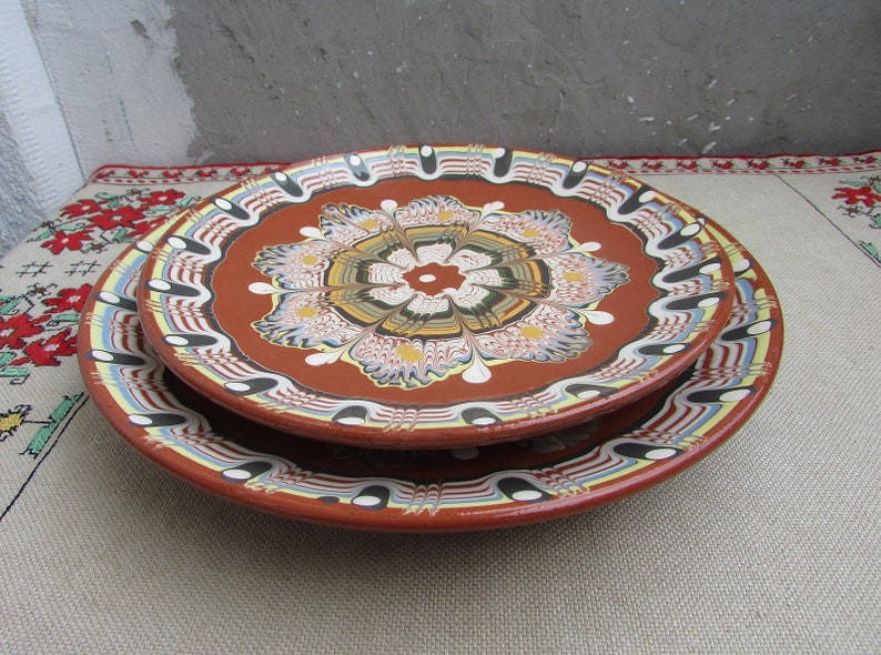 Traditional Bulgarian Pottery Stoneware Hand-Painted Glazed Plate Rustic Style Handmade Clay Plate Vintage Ceramic Serving Plate