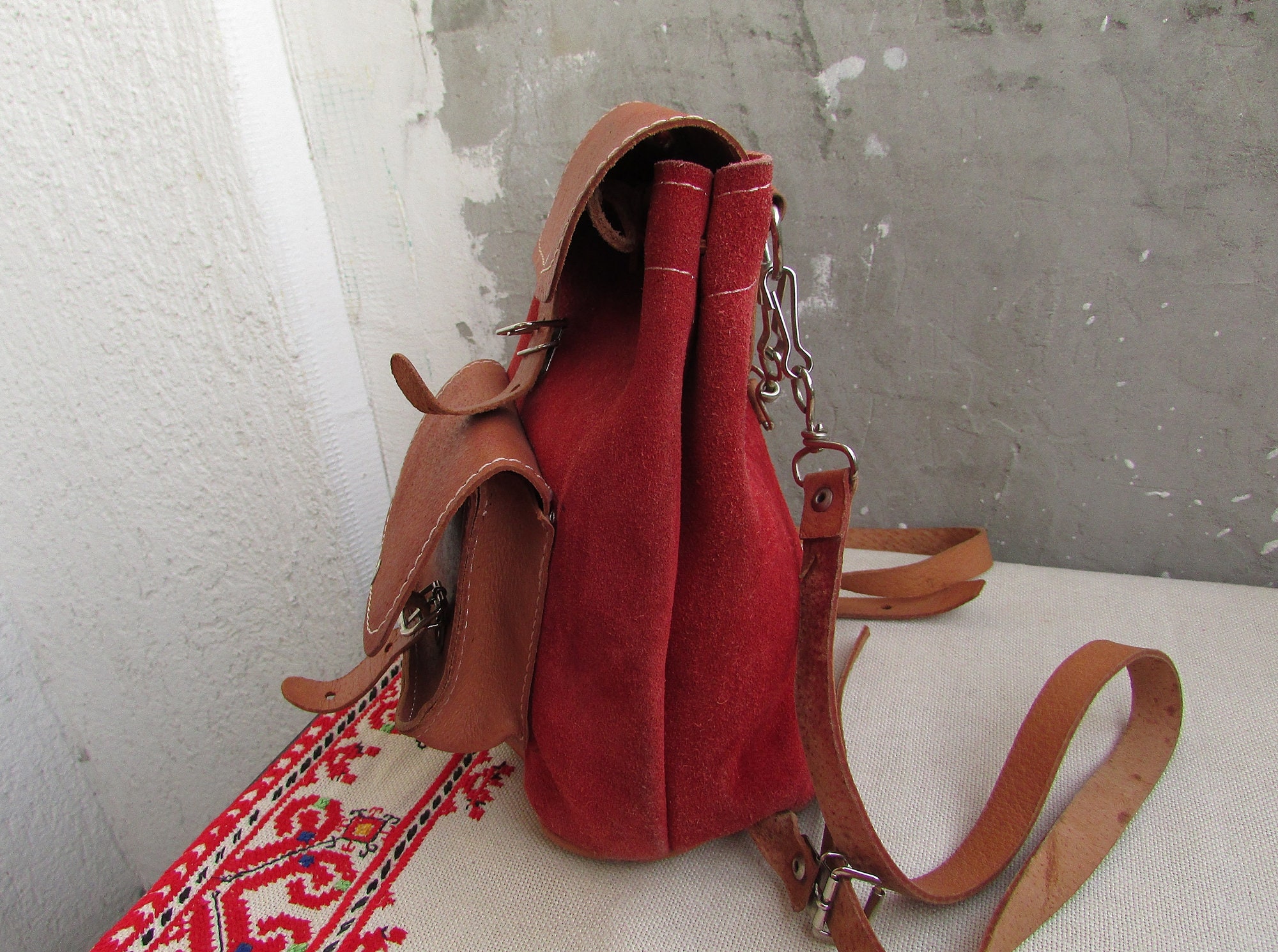 Vintage Suede Leather Backpack, Small Rucksack, Travel 