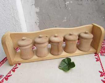Vintage Wooden Spice Jar Set with Wall Rack