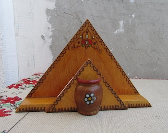 Vintage Pyrography Napkin Holder: Handmade Bulgarian Wooden Table Organizer