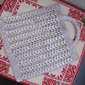 Borsa della spesa vintage, borsa in nylon argento fatta a mano, borsa in carta stagnola all'uncinetto, borsa con filo di mercato, borsa all'uncinetto, borsa stringa da donna, regalo per lei
