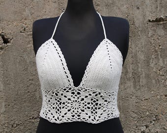 Handmade Crochet Halter Top, Bohemian Festival Lace Bra