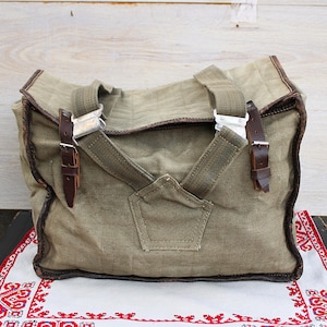 Vintage 70s Tourist Canvas Backpack: Military Khaki Leather Straps