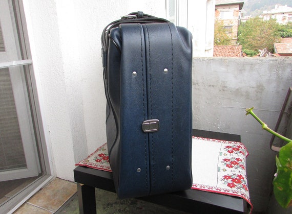 Vintage Leather Suitcase 1980s, Large Blue Faux L… - image 8