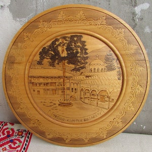 Decorative Wooden Plate with Landscape, Wood Handmade Dish, Vintage Hand Painted Plate, Pyrography Plate, Bulgarian Folk Art