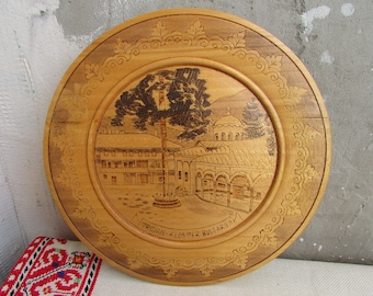 Decorative Wooden Plate with Landscape, Wood Handmade Dish, Vintage Hand Painted Plate, Pyrography Plate, Bulgarian Folk Art