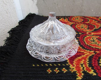 Bol vintage en verre pressé avec couvercle, sucrier