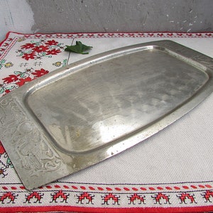 Vintage Brass Serving Tray, Silver Color Metal Serving Tray, Embossed Metal Tray, Made in USSR, Brass Serving Platter, Vintage Kitchen Decor