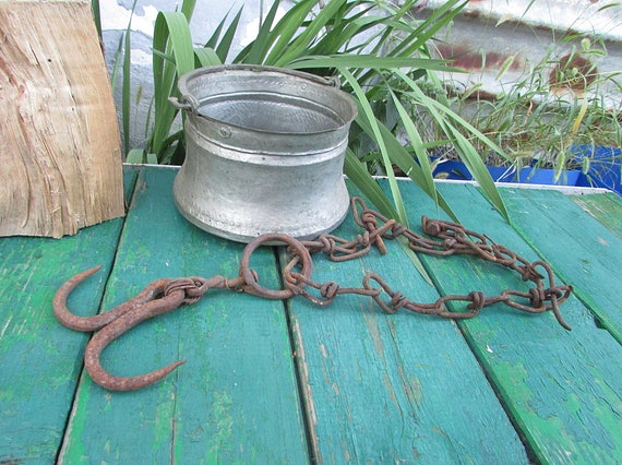 Antique Iron Chain for Fireplace, Hand Forged Wrought Iron, Primitive  Hearth Fireplace Chain, Wall Hanger, Iron Chain With Double Hooks 