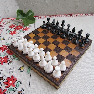 Vintage Wooden Chess Set 1980s, Small Chess Set with Plastic Pieces, Old Chess Set, Collectible Wooden Folding Chess, Travel Chess Game