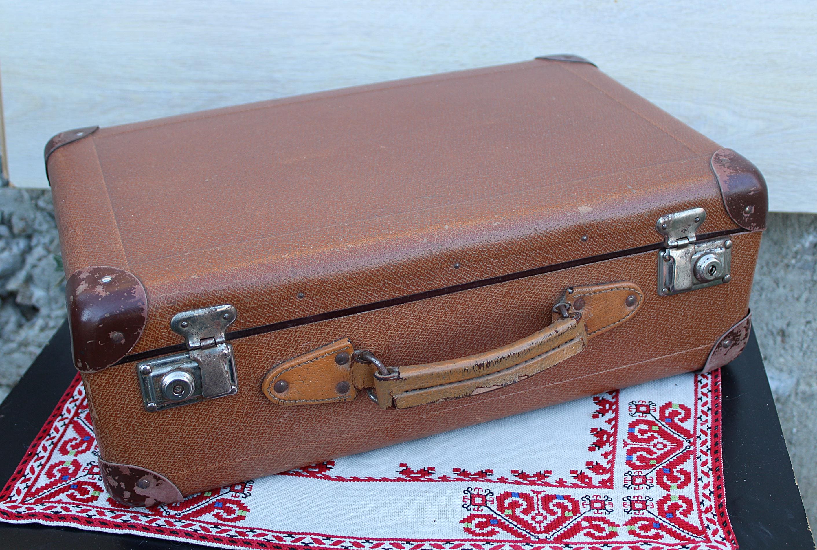 Vintage Brown Cardboard Suitcase: 1950s Travel Luggage, Storage