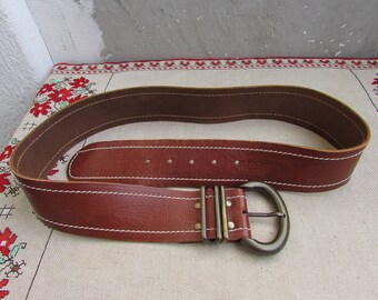 Vintage Brown Faux Leather Belt, Brass Buckle, Cowgirl Style