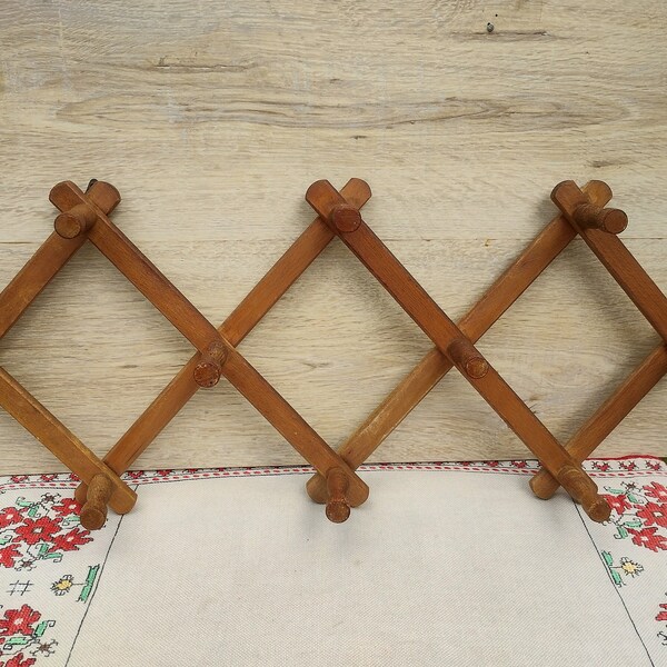 Perchero de ropa vintage, perchero de madera vintage, percha de pared de acordeón, percha de pared plegable, percha de pared expandible, decoración del hogar vintage