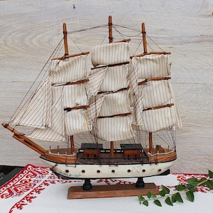 Vintage Wooden Sailing Ship, Handmade Wood Navy Ship #1, Wood Boat Ship Model, Wooden Yacht, Ship with Sails, Vintage Nautical Sailboat