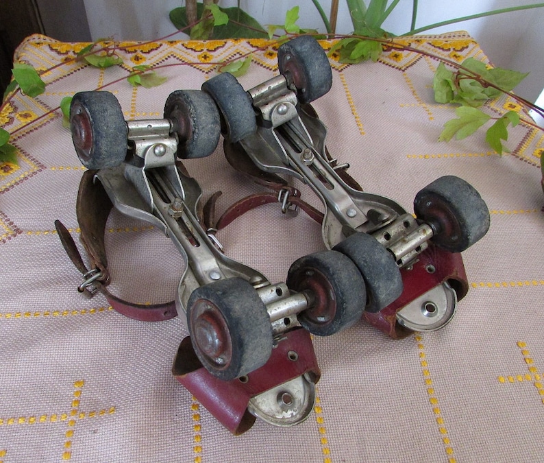 Vintage Adjustable Metal Roller Skates Trusetal Brown Leather Etsy
