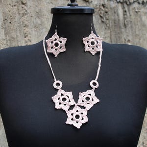 Unique Model Crochet Necklace and Earrings, Beige Color Crochet Jewelry, Handmade Set of Crochet Earrings and Pendant, Gift for Her