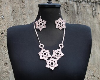 Handmade Crochet Necklace and Earrings Set: Beige Silk Jewelry