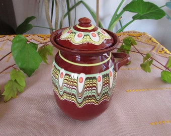 Vintage Ceramic Pot, Clay Pot with Lid, Hand Painted Small Pot, Glazed Pottery Jar, Clay Bowl, Handmade Traditional Bulgarian Pottery