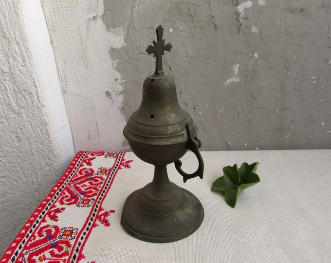 Vintage Brass Incense Burner With Cross, Old Religious Brass Censer 3