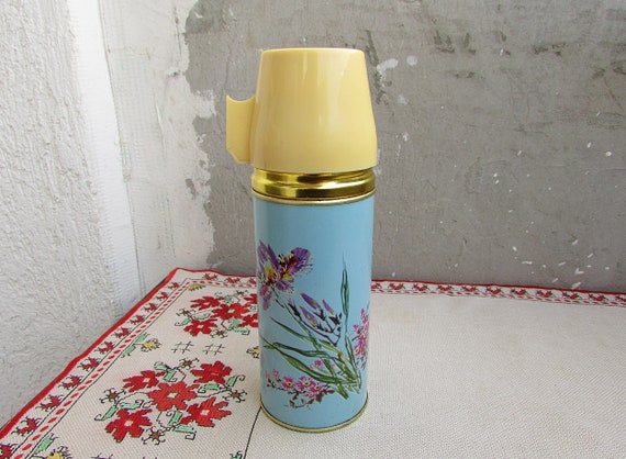 Vintage Small Thermos sun Flower Made in China, Metal Tin Travel Thermos  Cold and Hot Drinks, Mini Coffee Tea Thermos, Camping Equipment 