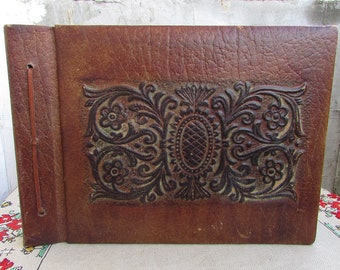 Vintage 70s Genuine Leather New Photo Album, Brown Tooled Leather Cover, Embossed Leather Picture Album, Luxury Photo Album, Memory Book