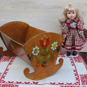 Antique Handmade Hand Painted Wooden Rocking Doll Cradle Floral Motif, Russian Folk Art Motif Doll Baby Bed, Vintage Wooden Toy Furniture