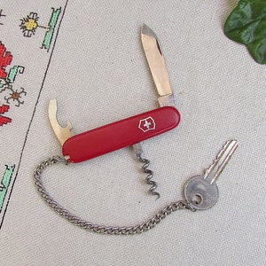Vintage Mini Folding Pocket Knife & Corkscrew Keychain, Victorinox Swiss Army Knife, Tourist Picnic Knife Red Handle, Military Knife