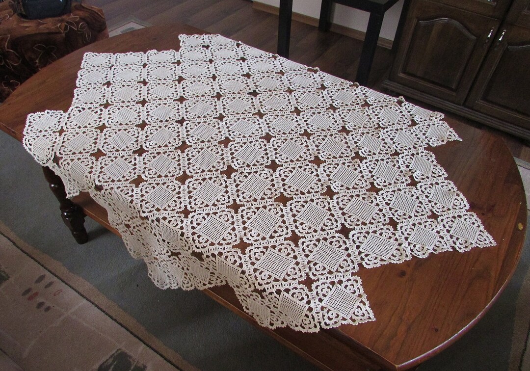Vintage Handmade Crocheted Tablecloth: Beige Cotton, Square Lace (44x44 ...