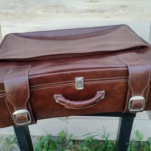 Valigia in pelle vintage anni '80, grande valigia in similpelle marrone, valigia di grandi dimensioni, valigia da viaggio, valigia europea, custodia portaoggetti