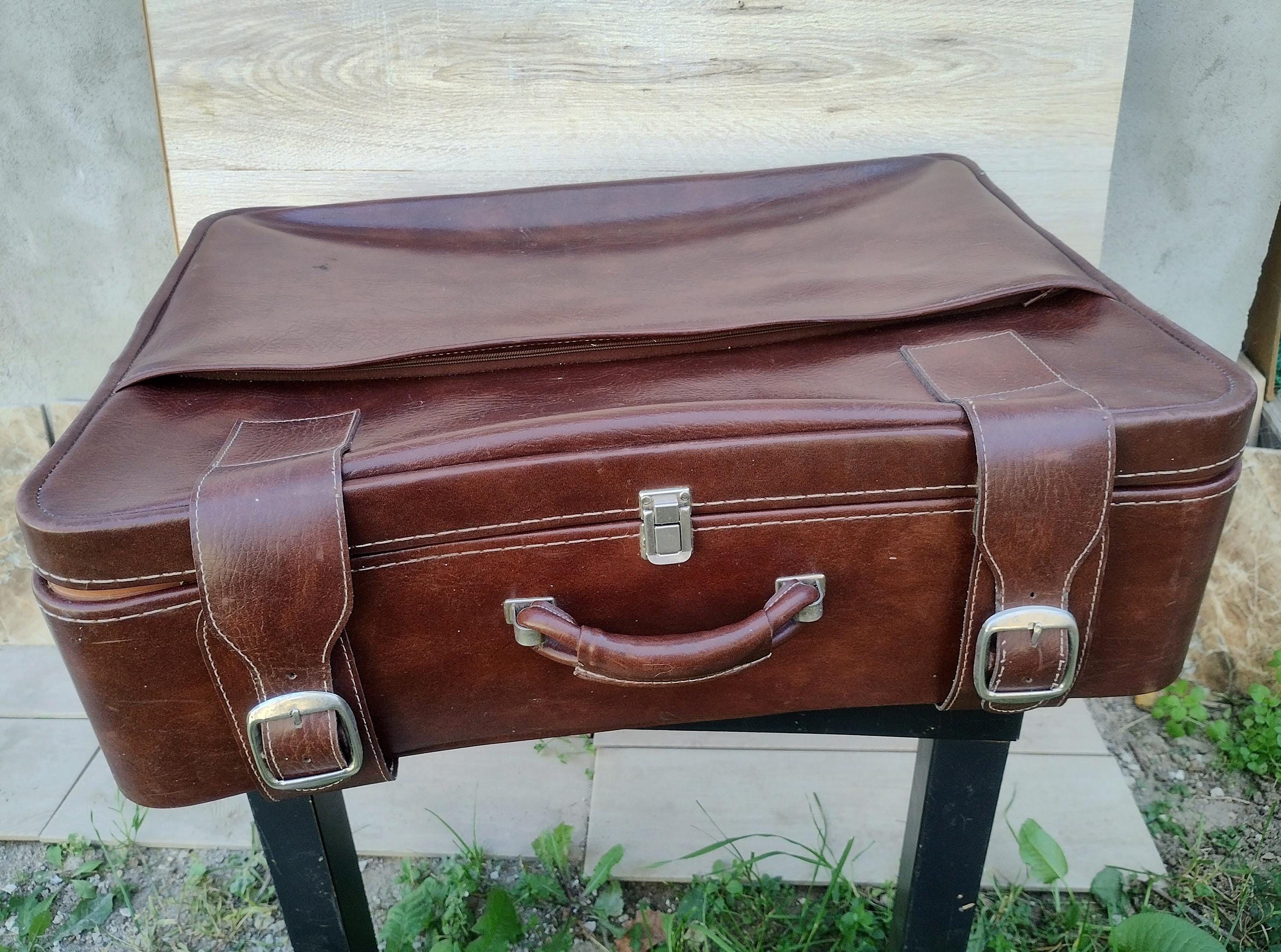 Vintage Brown Faux Leather Suitcase: 1980s European Travel Luggage