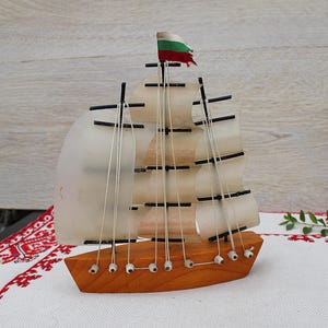 Vintage Wooden Sailing Ship, Small Handmade Wood Navy Ship, Wood Boat Ship Model, Wooden Yacht, Ship with Sails, Vintage Nautical Sailboat