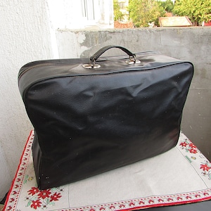 Vintage 1970's zwart lederen kleine koffer, zwart lederen reistas, nachttas, grote weekendtas, veganistische zwarte lederen vakantietas