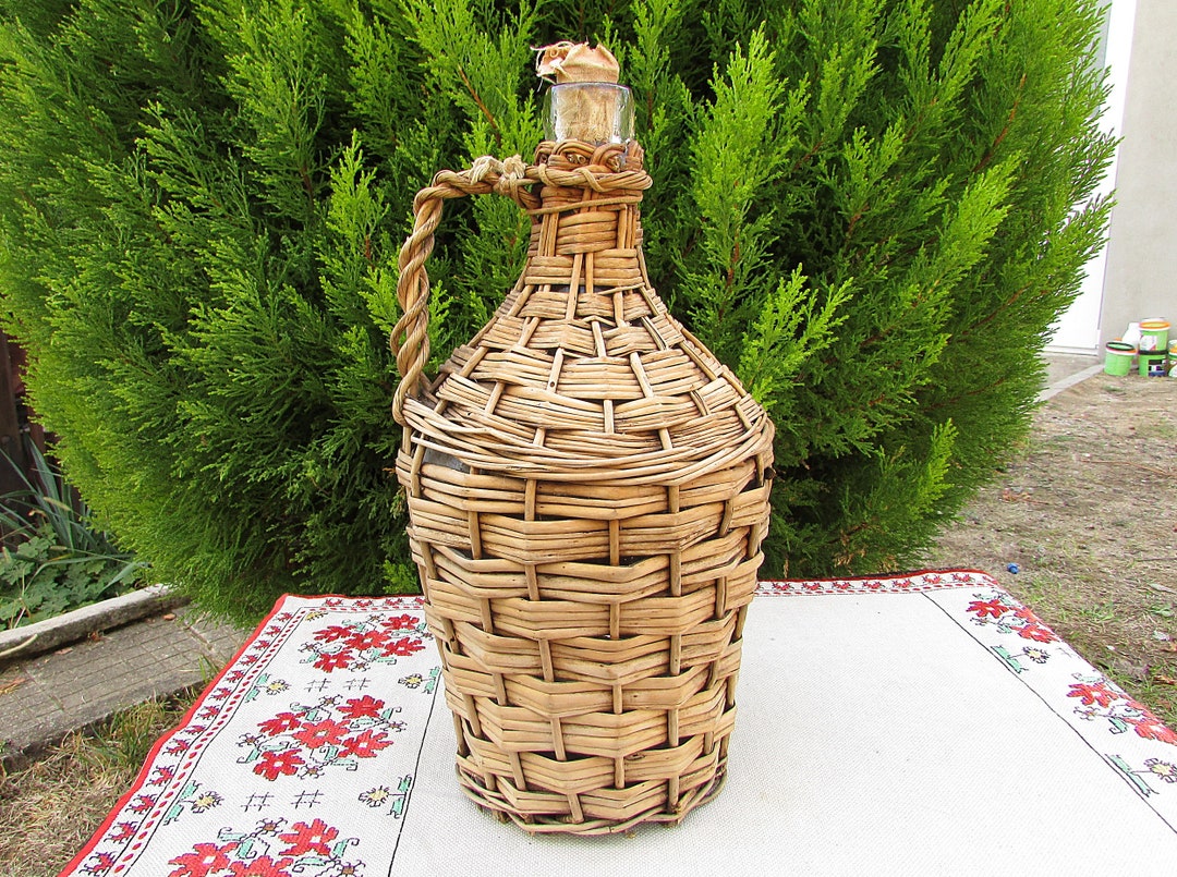 Vintage Hand Blown Glass Carboy Demijohn, Wicker Covered Wine Bottle