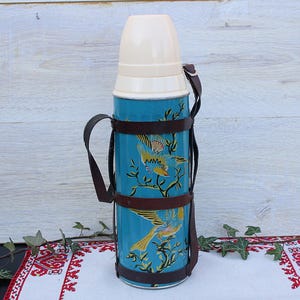 Vintage Aluminum Thermos, Old Travel Thermos with Straps, Thermos for Cold and Hot Drinks, Coffee Tea Thermos, Camping Equipment