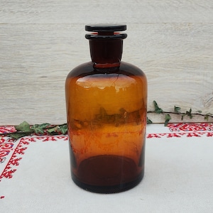 Botella de vidrio ámbar de boticario vintage de 1000 ml con tapón, botella de química antigua, frasco médico retro, botella de medicina de farmacia con tapa