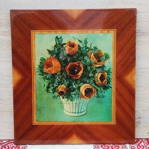 Unique Wooden Wall Decoration, Vintage Wooden Picture of Flowers 70s, Vintage Photo of Flowers, Wall Wooden Plaque, Wooden Wall Hanging