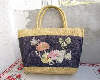 Bolso de mimbre vintage hecho a mano: bolso de playa de paja con flores