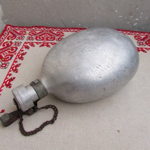 Vintage Aluminum Military Canteen, Water Flask, Military Water Bottle, Chained Lid, Drink Holder, Military Flask, Army Collectible